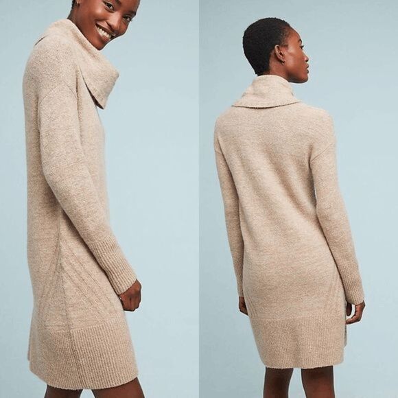 Anthropologie Sonoran Cowl Neck Sweater Dress in Taupe/Cream - Picture 2 of 2
